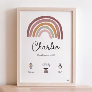 Póster de nacimiento personalizado con acuarela de arcoíris / Póster de recuerdo de bebé / Inicial, nombre, peso, altura y tiempo, estilo bohemio dulce capullo