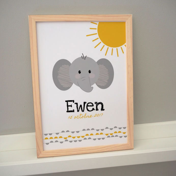 Affiche/Cadre Éléphant - Chambre Bébé Enfant Personnalisé A4