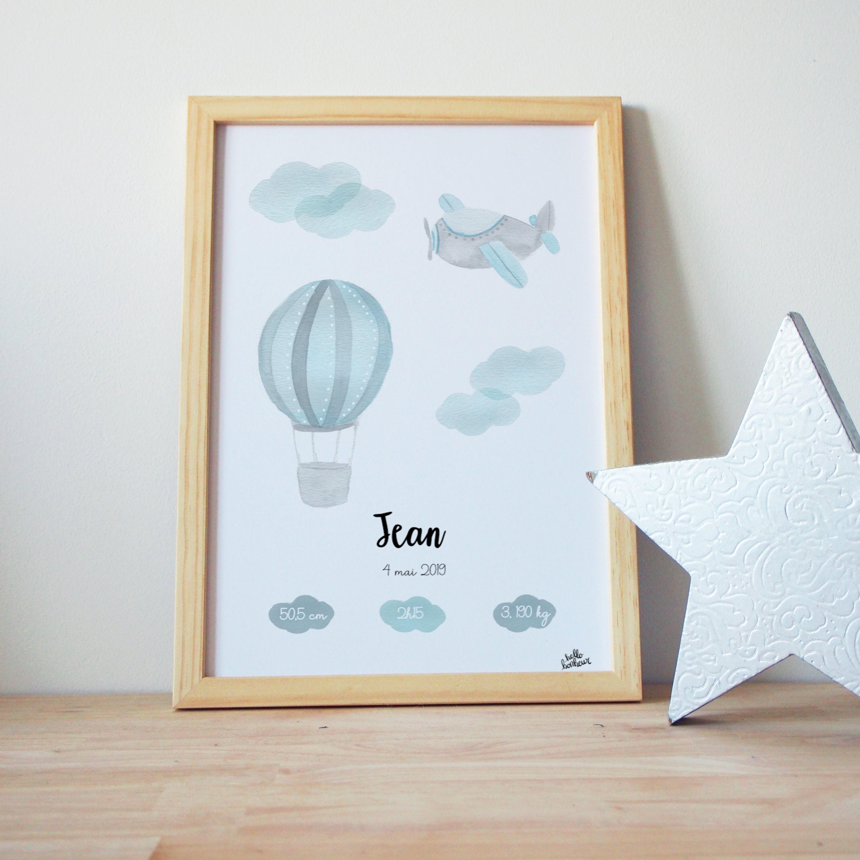 Affiche/Cadre Naissance Aquarelle - in The Sky Ballons Avion Nuage