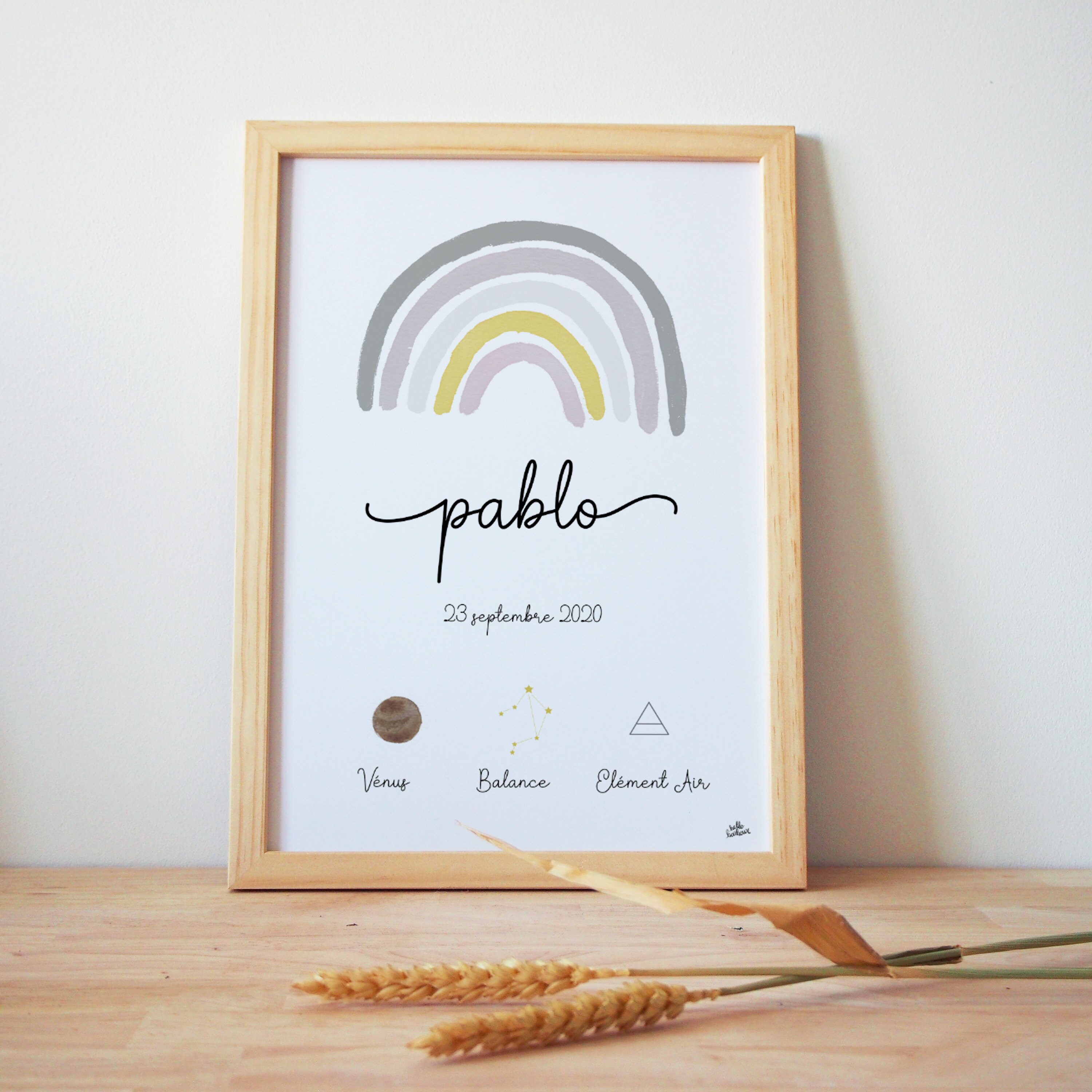 Affiche Naissance Signe Astrologique - Arc-En-Ciel Yellow Morning Jaune et Gris