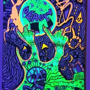 Abstract Psychedelic Painting for Sale,Green,White,Orange,Art Gallery,Skulls,Spooky Skeleton Art,Fishtails, Modern UV Art,Bright Painting