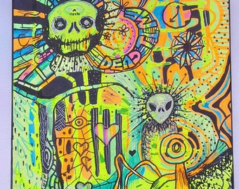Gothic Psychedelic Alien Skull Painting, Neon UV Art, 8x8