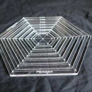 Peut inclure: Une règle hexagonale en acrylique transparente avec des marques pour 1/2 pouce, 1 pouce, 1 1/2 pouces, 2 pouces, 2 1/2 pouces, 3 pouces, 3 1/2 pouces, 4 pouces, 4 1/2 pouces, 5 pouces, 5 1/2 pouces et 6 pouces. La règle est étiquetée "Hexagon".