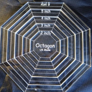 May include: Clear acrylic octagon quilting template with measurements from 5 to 20 cm. The template is labelled "Octagon UK Made". The design features concentric octagons, each marked with cm measurements for precise cutting.
