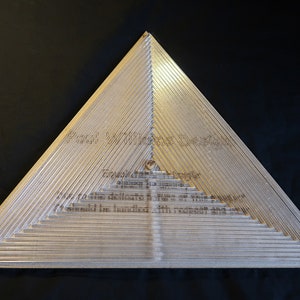 May include: A silver triangular award with the text "Paul Winnett Design" and "For excellence in design" engraved on the surface.
