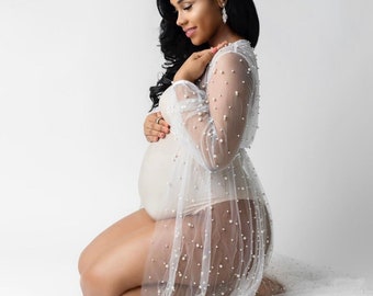 Maternity Pearl Robe Dress, Maternity Robe, Pregnancy Dress, Maternity Dress For Photo Shoot, Tulle Dress, Lace Maternity Dress