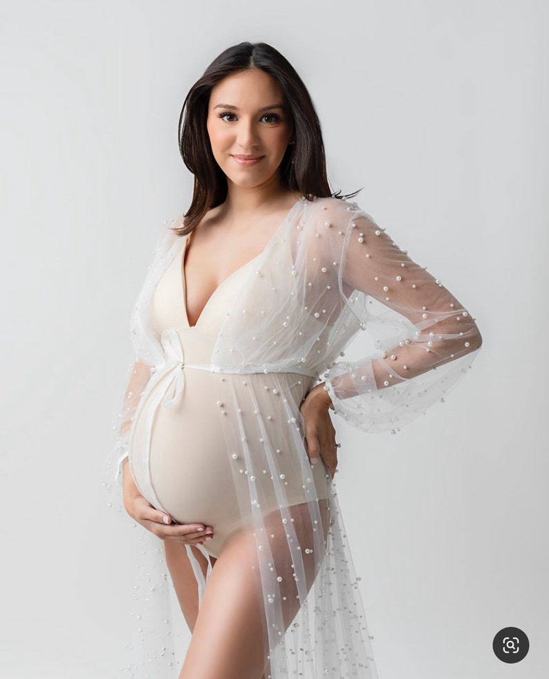 Vestido de bata de perlas de maternidad, bata de maternidad, vestido de embarazo, vestido de maternidad para sesión de fotos, vestido de tul, vestido de maternidad de encaje imagen 3