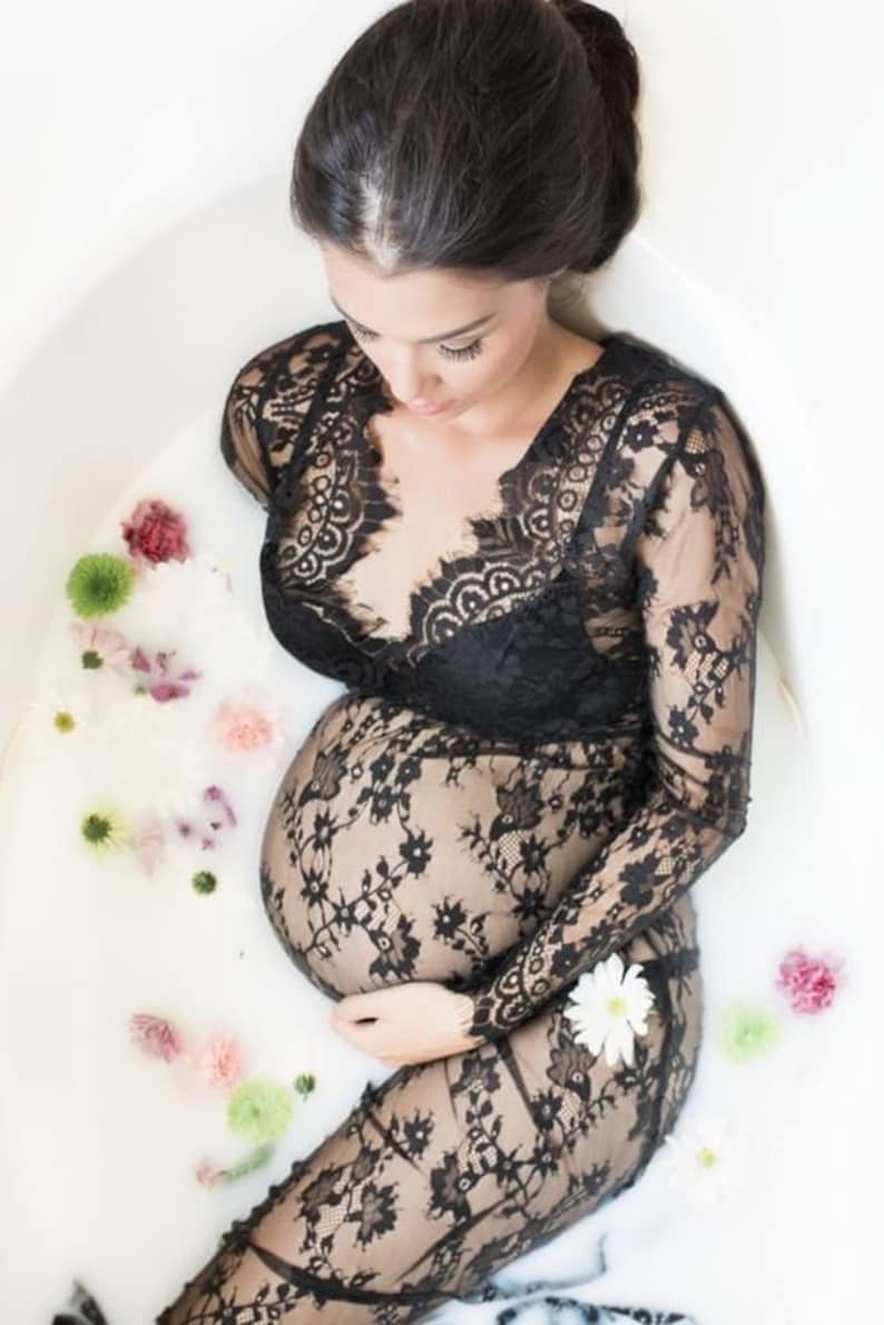 Mutterschaft Schwangerschaft Schwarzes Spitzenkleid Milchbad Kleid Für Fotoshooting Maxi Long Fotografie Fotoshooting Schiere Vintage Kleid Bild 7
