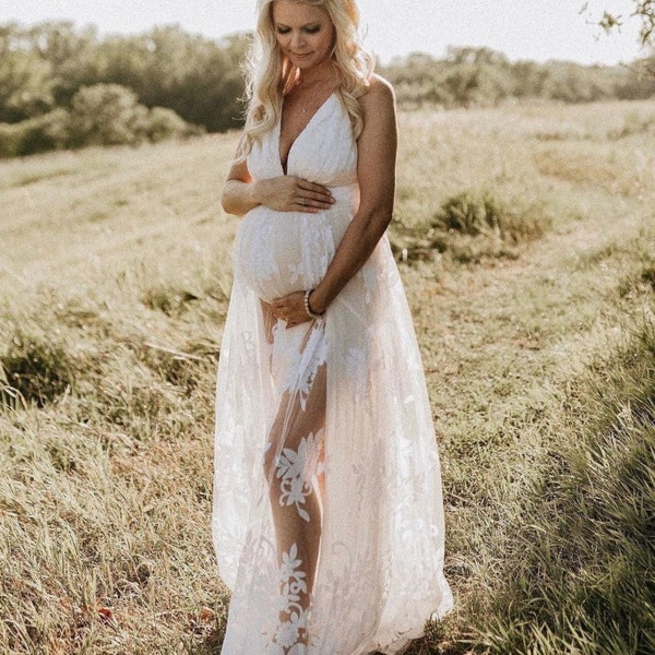 White Maternity Dress For Photoshoot | Maternity Gown | Baby Shower Dress | Pregnancy Photoshoot Dress | Boho Dress | Gender Reveal Dress