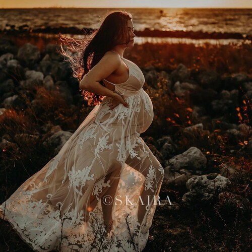 boho beach maternity dress Momyknows White Lace Boho Maxi Maternity Photoshoot Dress Specially  Designed for Outdoor and Beach Maternity Photography Gowns