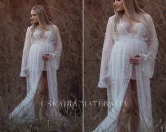 Vestido de bata de perlas de maternidad, bata de maternidad, vestido de embarazo, vestido de maternidad para sesión de fotos, vestido de tul, vestido de maternidad de encaje