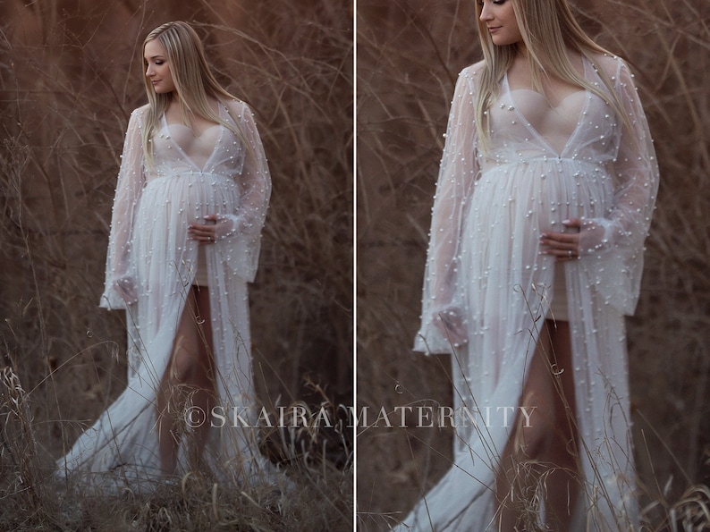 Vestido de bata de perlas de maternidad, bata de maternidad, vestido de embarazo, vestido de maternidad para sesión de fotos, vestido de tul, vestido de maternidad de encaje imagen 4