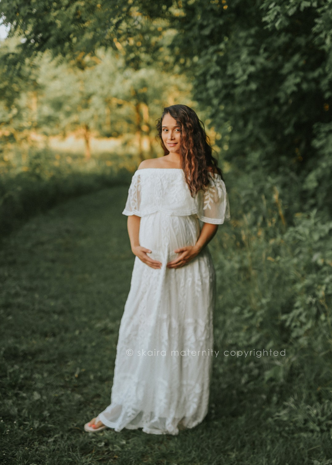 White lace top maternity photoshoot dress