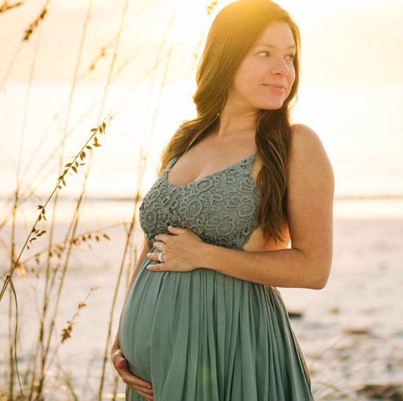 Open Back Maxi Gown Bohemian Maternity Dress Maternity Sage Dress Baby Shower Sage Dress Pregnancy Boho Dress Pregnancy Sage Dress