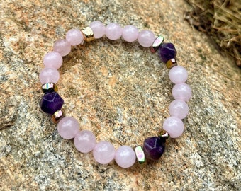 Handmade Rose Quartz Bracelet: Amethyst & Hematite Gemstone Jewelry