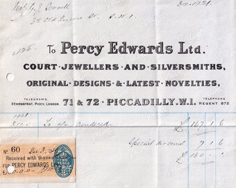 COURT JEWELLERS SILVERSMITHS Percy Edwards Ltd Vintage Printable Ephemera 1921 Antique Jewellery Invoice Receipt Digital Download 300dpi Jpg