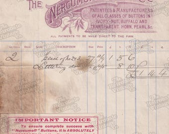 NERCUMOFF BUTTON Co. Vintage Printable Sewing Haberdashery Ephemera Edwardian 1906 Antique Invoice Receipt Digital Download 300dpi Jpg