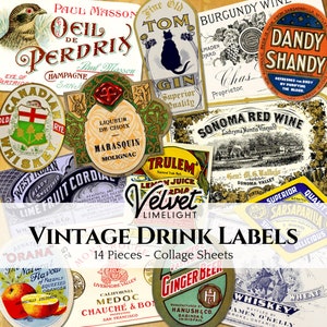 VINTAGE DRINK LABELS 14 Pieces, Printable Ephemera, Wine Whiskey Champagne Gin, Antique Collage Sheets, Digital Download 300dpi Jpeg + Png