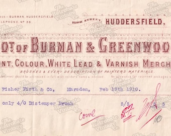 PAINT ARTIST SUPPLIES Burman and Greenwood Vintage Printable Art Ephemera Edwardian 1910 Antique Invoice Receipt Digital Download 300dpi Jpg