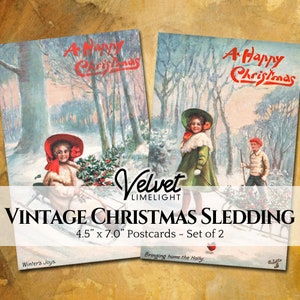 VINTAGE CHRISTMAS SLEDDING Postcards, Printable Ephemera, Antique Festive Winter Holiday Season Greeting Cards, Digital Download 300dpi Jpeg