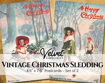 VINTAGE CHRISTMAS SLEDDING Postcards, Printable Ephemera, Antique Festive Winter Holiday Season Greeting Cards, Digital Download 300dpi Jpeg