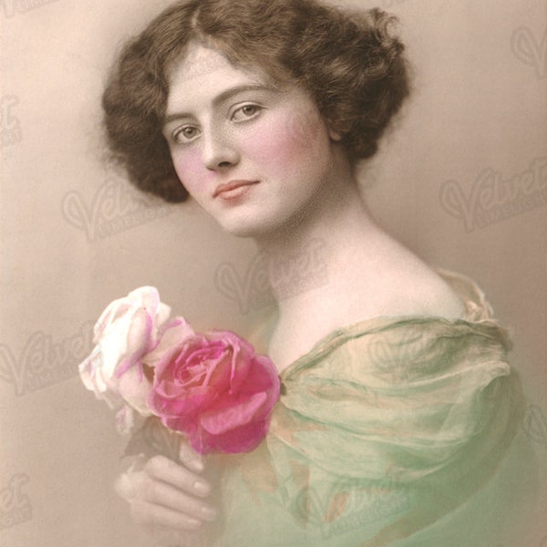 WOMAN WITH ROSES Vintage Printable Ephemera Victorian Edwardian Antique Romantic Hand-Tinted Photograph Digital Download 300dpi Jpeg