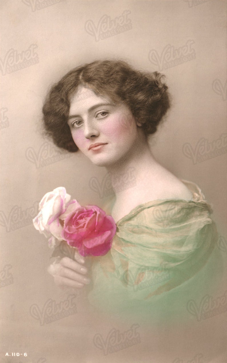 WOMAN WITH ROSES Vintage Printable Ephemera Victorian Edwardian Antique Romantic Hand-Tinted Photograph Digital Download 300dpi Jpeg image 1