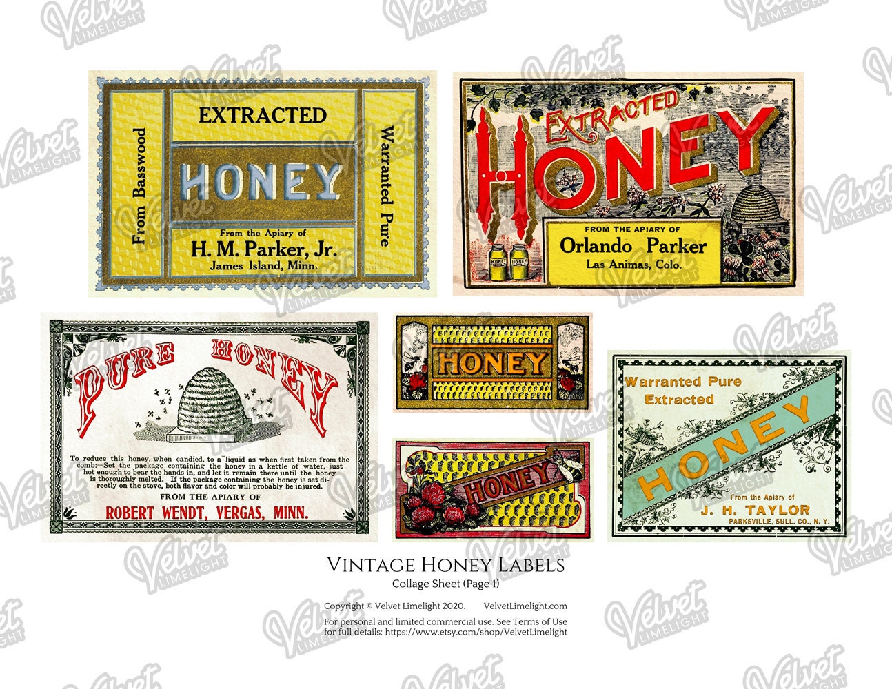 VINTAGE HONEY LABELS 12 Pieces Printable Beekeeping Bees Apiary Cooking