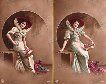 WOMAN with FLOWER BASKET Set of 2 Vintage Printable Romantic Ephemera Victorian Edwardian Antique Photographs Digital Download 300dpi Jpeg