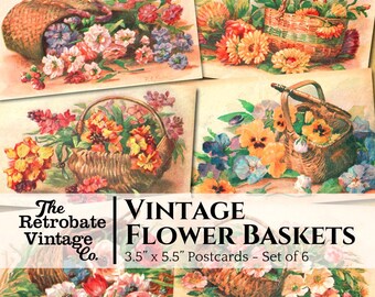 VINTAGE FLOWER BASKETS Set of 6 Floral Antique Postcards, Printable Ephemera for Junk Journaling, Scrapbooking, Digital Download 300dpi Jpeg
