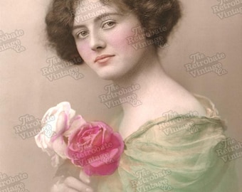 WOMAN WITH ROSES Vintage Printable Ephemera Victorian Edwardian Antique Romantic Hand-Tinted Photograph Digital Download 300dpi Jpeg