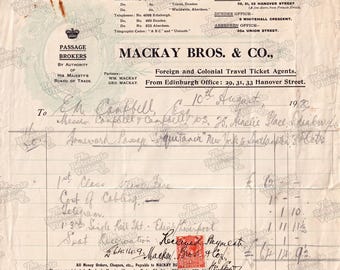 TRAVEL TICKET AGENT Mackay Bros. and Co. Vintage Printable Ephemera Edwardian 1902 Antique Invoice Receipt Digital Download 300dpi Jpg