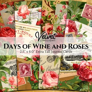 WINE AND ROSES Extra Tall Journal Cards, Digital Download, Printable Ephemera, Vintage Floral Flower Tags for Junk Journaling, Scrapbooking