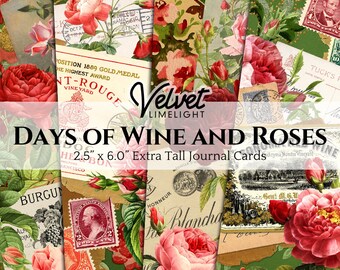 WINE AND ROSES Extra Tall Journal Cards, Digital Download, Printable Ephemera, Vintage Floral Flower Tags for Junk Journaling, Scrapbooking