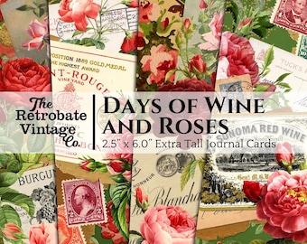 WINE AND ROSES Extra Tall Journal Cards, Digital Download, Printable Ephemera, Vintage Floral Flower Tags for Junk Journaling, Scrapbooking