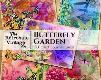 BUTTERFLY GARDEN Journal Cards, Digital Download, Printable Ephemera, Vintage Floral Flower Tags for Junk Journaling, Scrapbooking, Collage