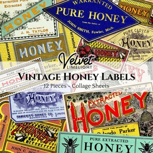 VINTAGE HONEY LABELS 12 Pieces Printable Beekeeping Bees Apiary Cooking Food Antique Ephemera Collage Sheets Digital Download 300dpi Jpeg