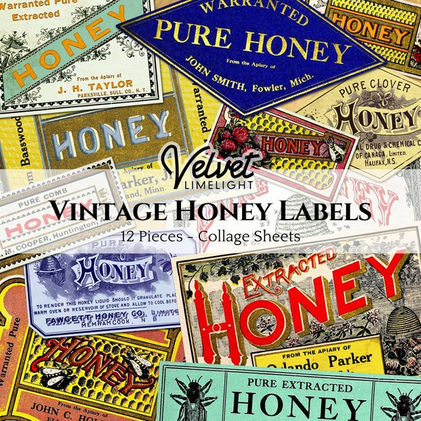 VINTAGE HONEY LABELS 12 Pieces Printable Beekeeping Bees Apiary Cooking Food Antique Ephemera Collage Sheets Digital Download 300dpi Jpeg