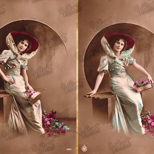 Frau mit FLOWER BASKET Set von 2 Vintage druckbare romantische Ephemera viktorianischen Edwardian antike Fotografien digitaler Download 300dpi Jpeg
