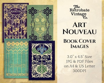 ART NOUVEAU Vintage Printable Book Cover Images, 4 Pieces, Elegant Antique Jugendstil Junk Journal Ephemera, Digital Download 300dpi Jpg