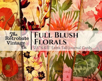 FULL BLUSH FLORALS Extra Tall Journal Cards, Digital Download Printable Ephemera, Vintage Floral Flower Tags for Junk Journals, Scrapbooking