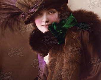 WOMAN with VELVET BOW Vintage Winter Fur Printable Ephemera Victorian Edwardian Antique Hand-Tinted Photograph Digital Download 300dpi Jpeg