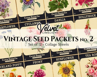 VINTAGE SEED PACKETS No.2 - Set of 12 Vintage Printable Floral Flowers Gardening Ephemera Antique Collage Sheets Digital Download 300dpi Jpg