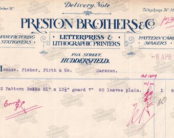 LETTERPRESS LITHOGRAPHIC PRINTERS Preston Brothers & Co. Vintage Printable Ephemera 1910 Antique Invoice Receipt Digital Download 300dpi Jpg