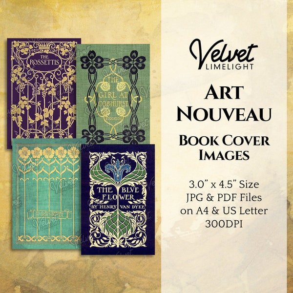 ART NOUVEAU Vintage Printable Book Cover Images, 4 Pieces, Elegant Antique Jugendstil Junk Journal Ephemera, Digital Download 300dpi Jpg