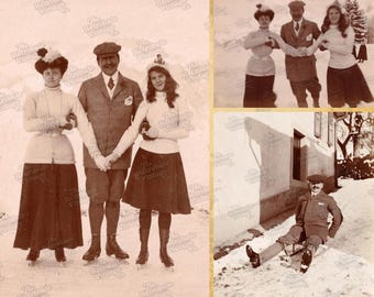 FAMILY on WINTER HOLIDAY in Switzerland c1910 Set of 3 Vintage Printable Ephemera Edwardian Antique Photographs Digital Download 300dpi Jpeg