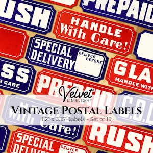 VINTAGE POSTAL LABELS Set of 16 Printable Tags, Antique Postage Parcels Letters Mail Ephemera, Collage Sheet, Digital Download 300dpi Png