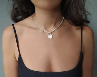 Sterling silver Necklace Half Pearl Beads Chain Choker Necklace, Dual Layering Necklace with Charm - chain, silver 925