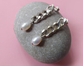 Sterling silver earrings CHAINS with natural real pearls - 925 silver