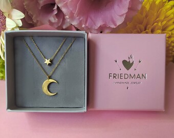 Golden Double necklace MOON, Crescent, silver 925 plated with 24k Gold